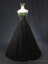 Black Tulle Spaghetti Straps Green Beading Prom Dress